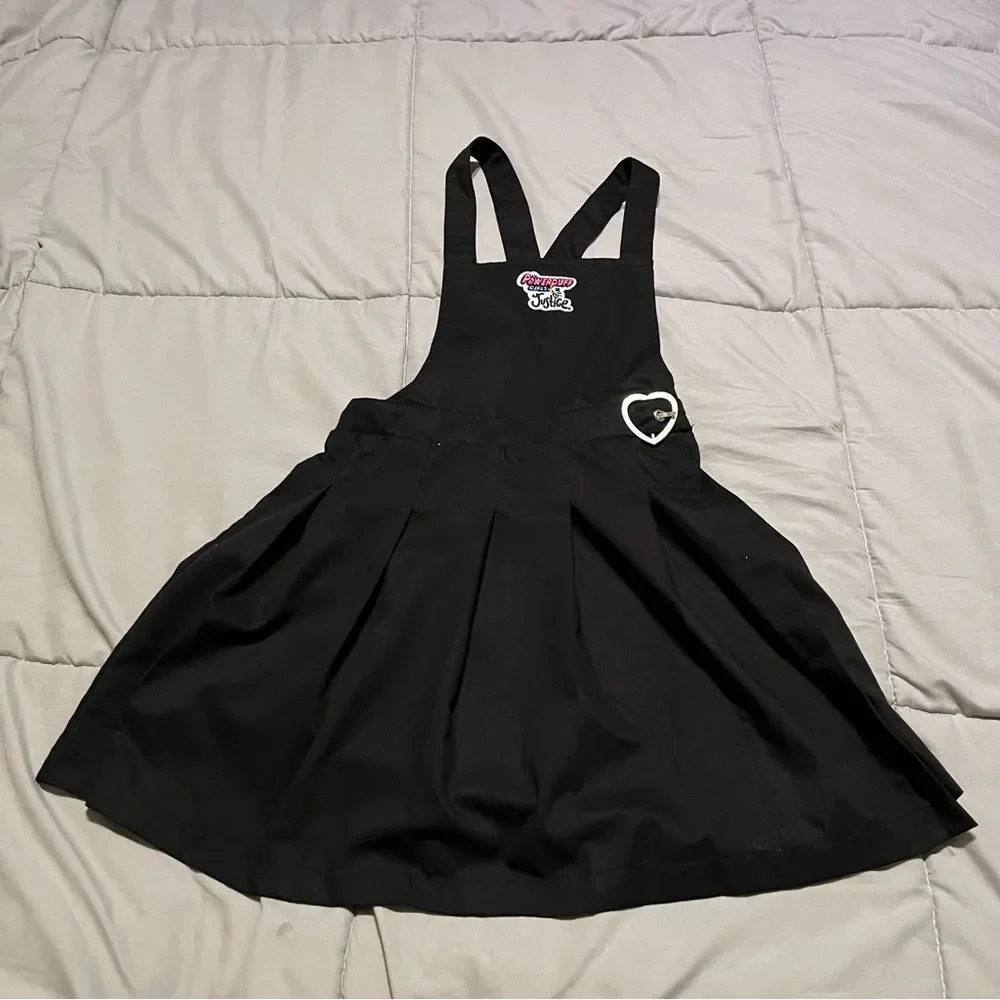 Justice X Powerpuff Black Sleeveless Jumper Dress Criss Cross Back Heart Buckle